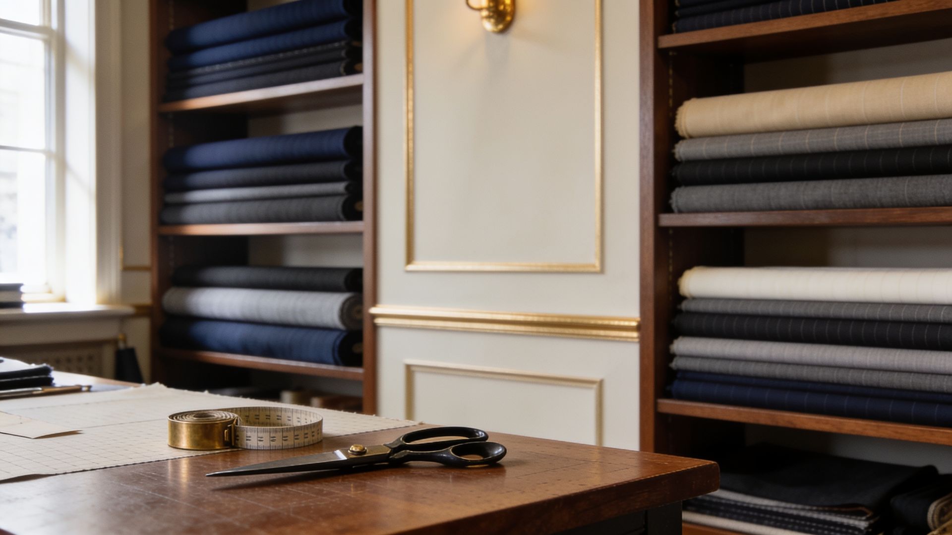 Bolts of cloth on atelier shelves