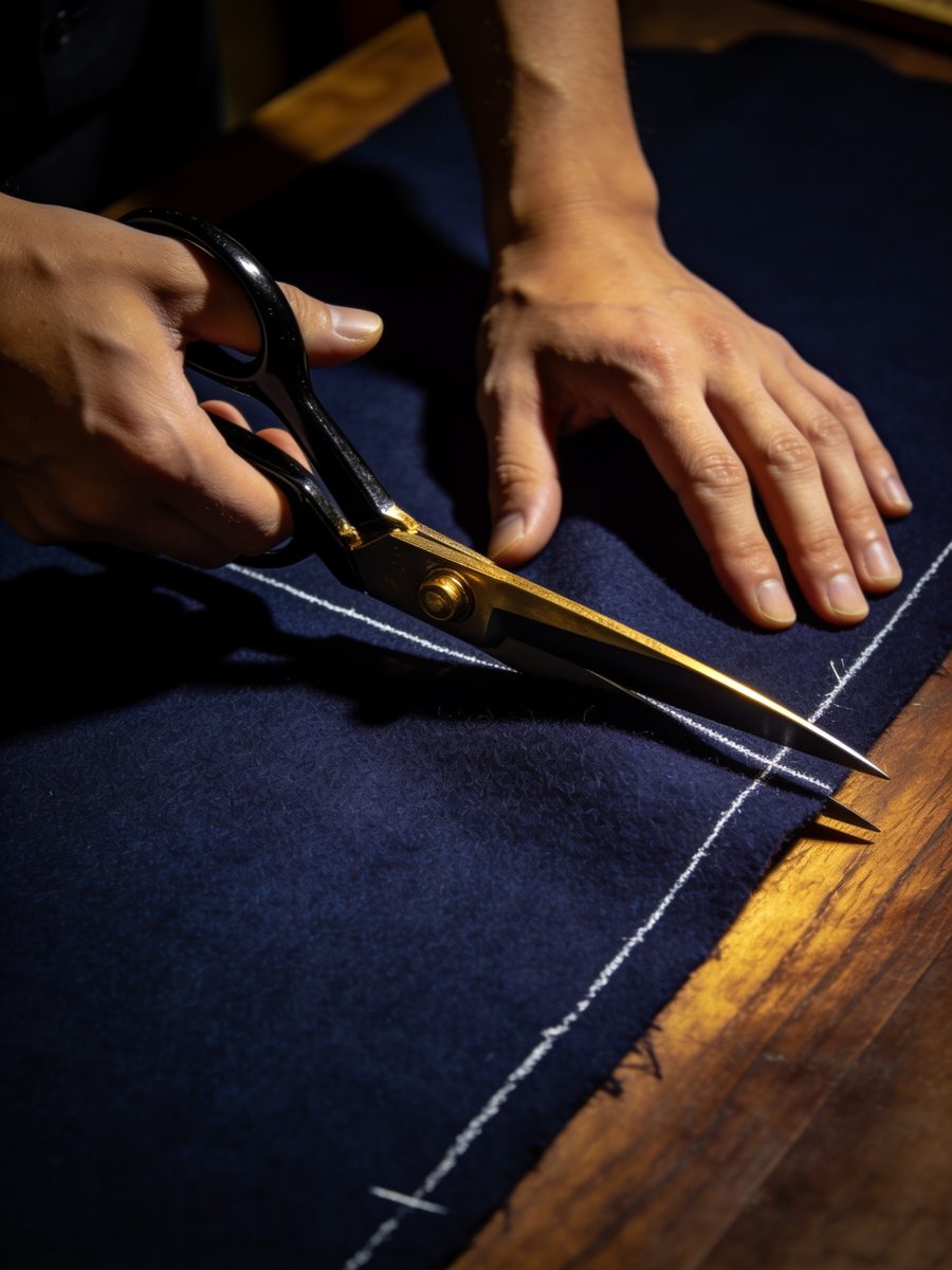 Shears cutting navy cloth