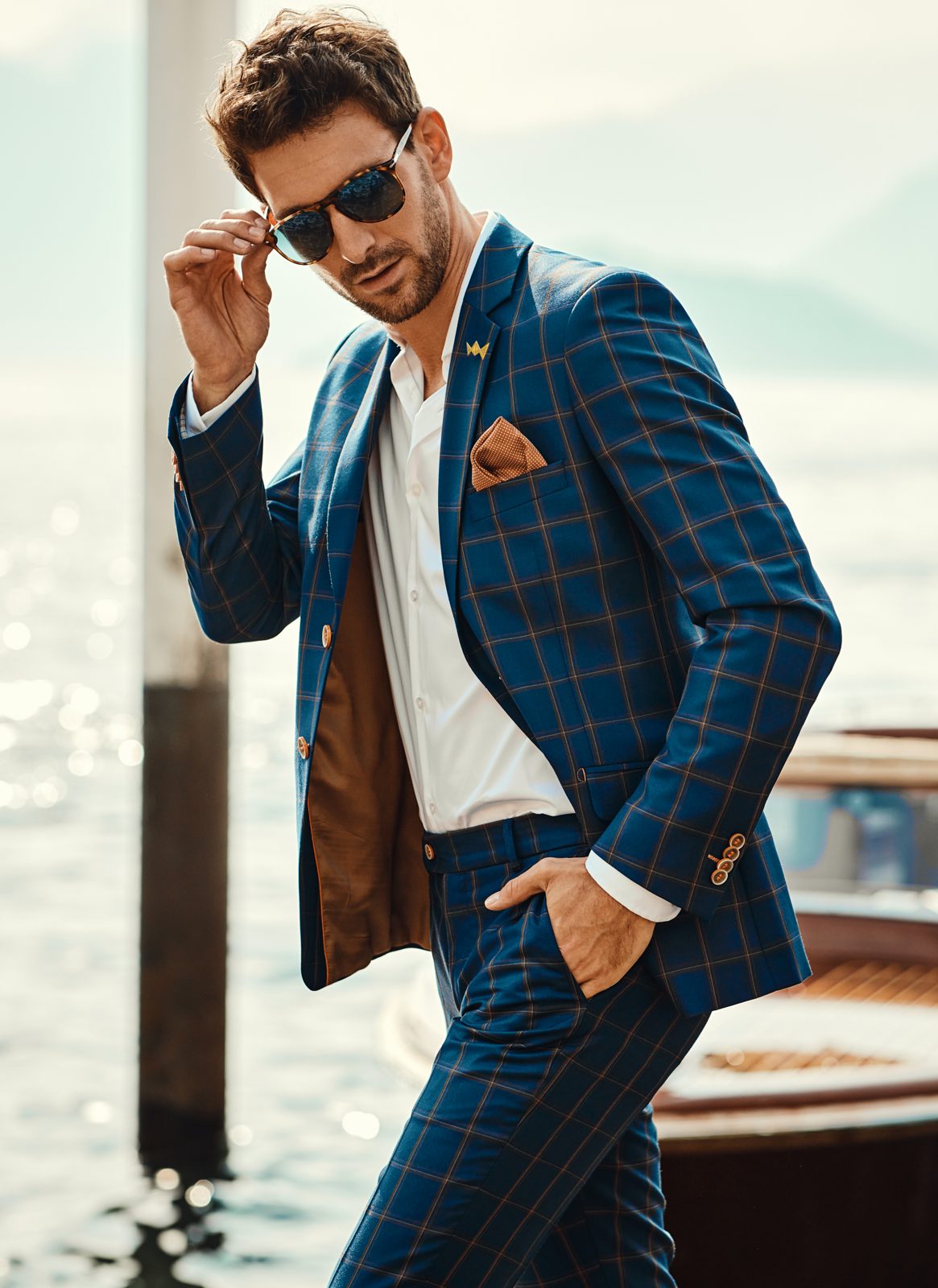Custom-made trousers as part of a blue windowpane suit